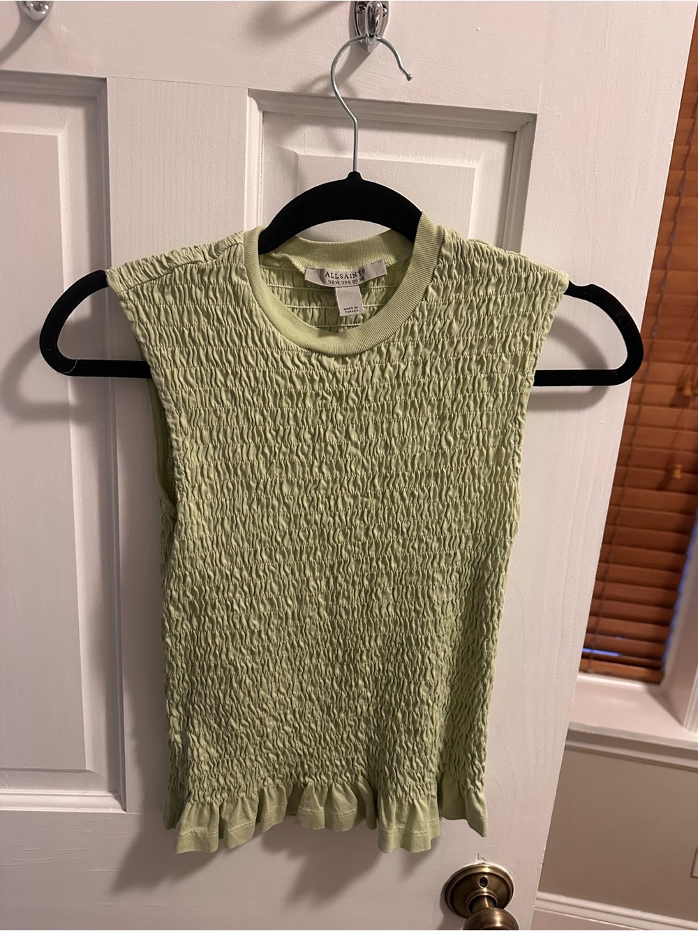 All Saints - Green Smocked Ruffle-Hem Tank